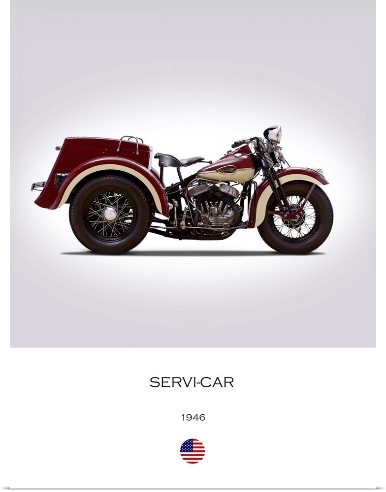 Photograph of a Harley Davidson Servi Car 1946 printed on a white and gray background.