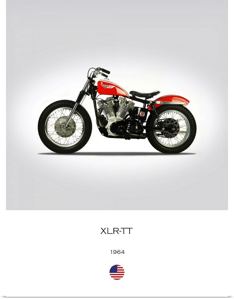 Photograph of a Harley Davidson XLR TT 1964 printed on a white and gray background.