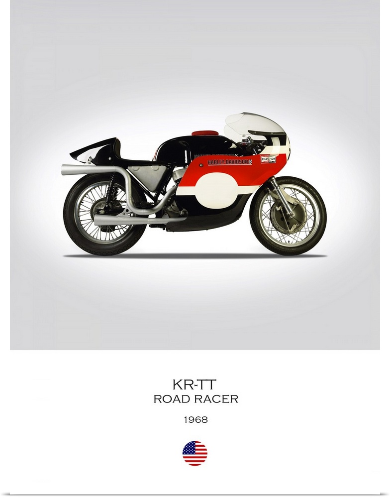 Photograph of a HD KR TT Road Racer 1968 printed on a white and gray background.