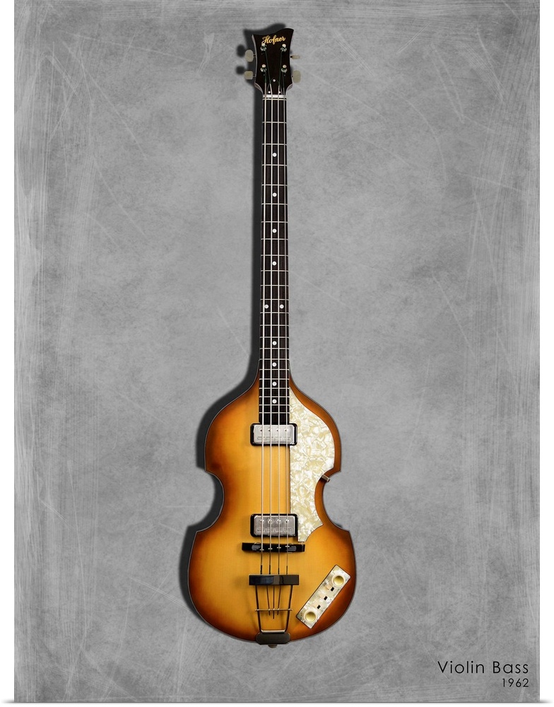Photograph of a Hofner Violin Bass 62 printed on a textured background in shades of gray.