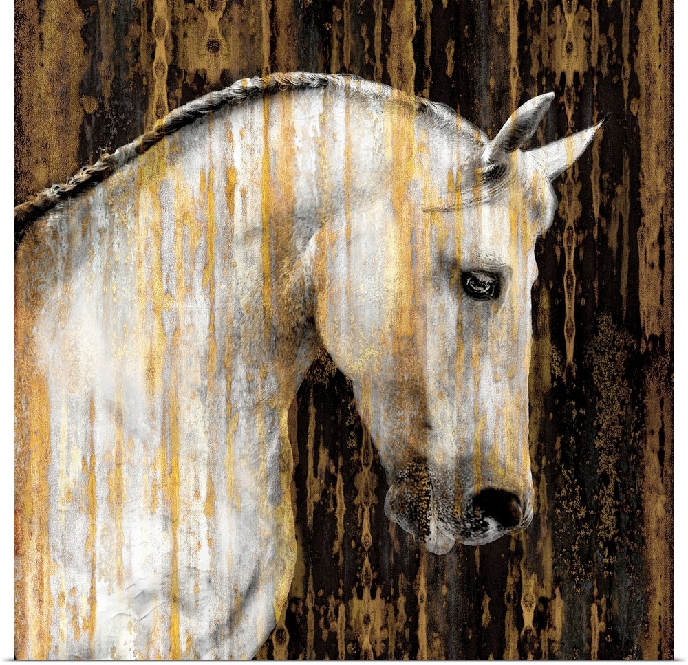 Square decor with an image of a white horse with gold paint falling down the canvas, on a black background.