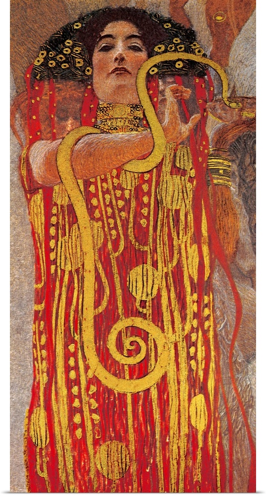 Painting of Hygieia, the goddess/personification of health, cleanliness and hygiene, in a dress of vibrant colors of red a...