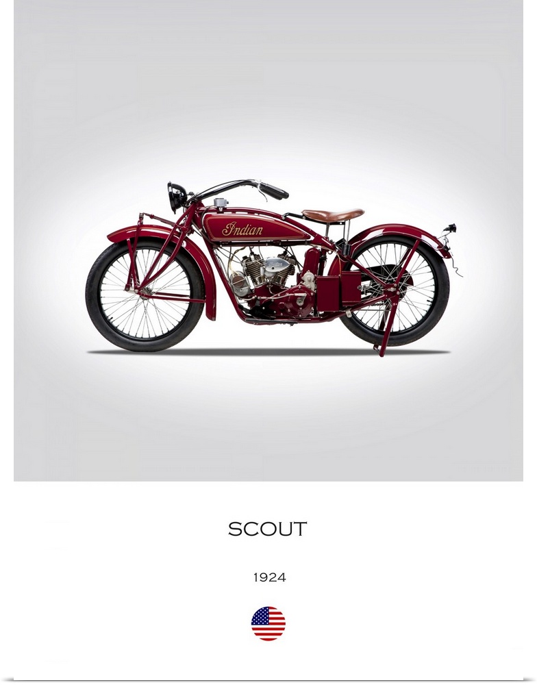 Photograph of an Indian Scout 1924 printed on a white and gray background.