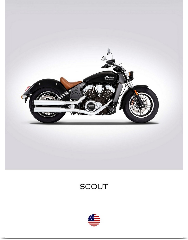 Photograph of an Indian Scout 2016 printed on a white and gray background.