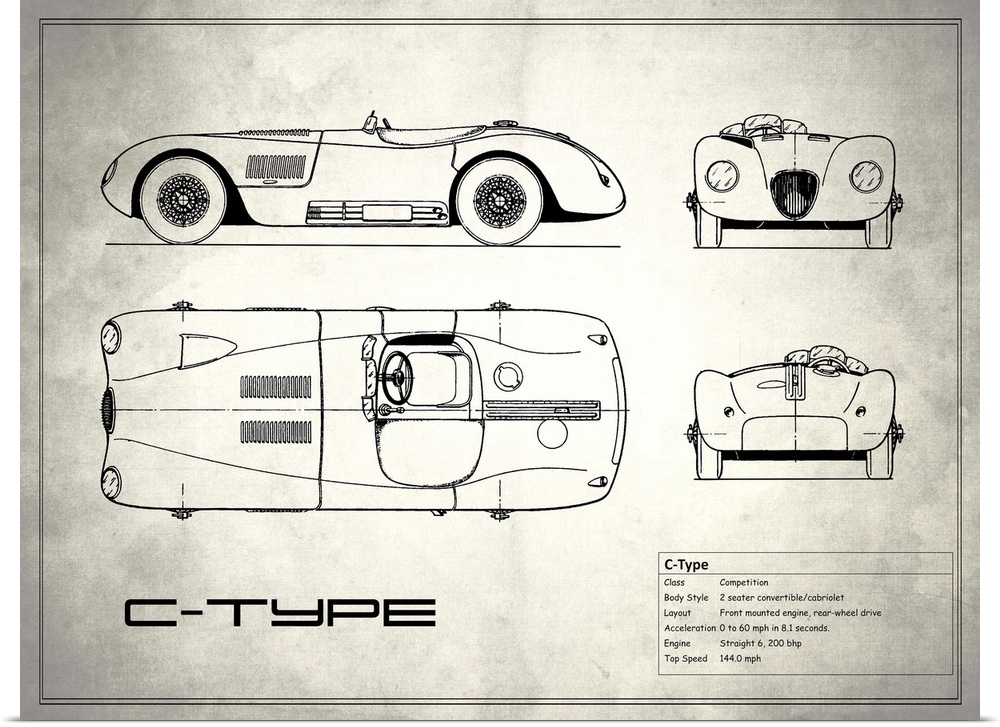Antique style blueprint diagram of a Jaguar C Type printed on a weathered white and gray background.