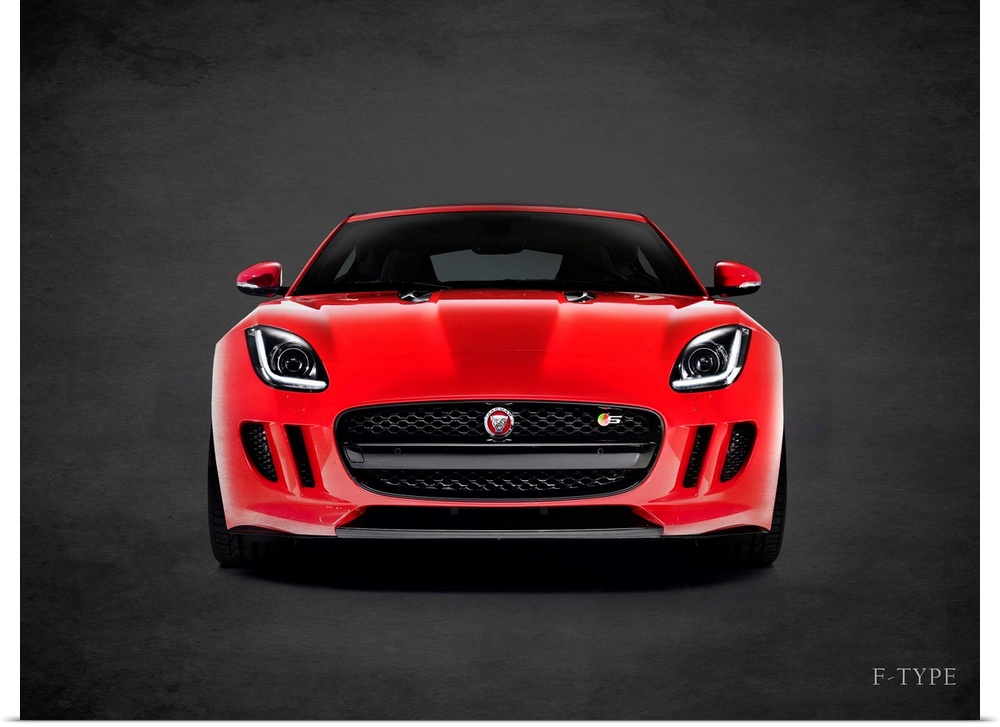 Photograph of a red Jaguar F-Type  printed on a black background with a dark vignette.
