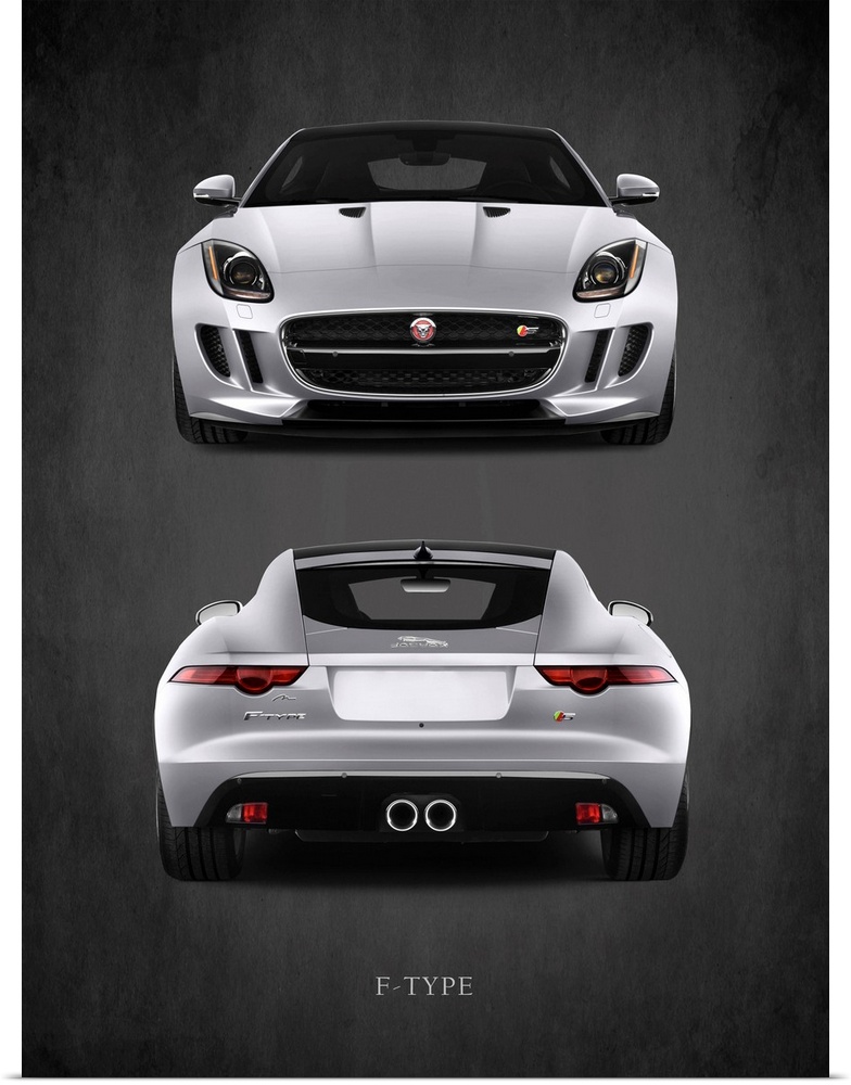 Photograph of the front and back of a silver Jaguar F-Type printed on a black background with a dark vignette.
