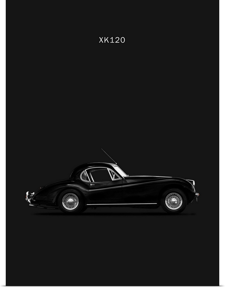 Photograph of a black Jaguar XK120 Coupe 1952 printed on a black background