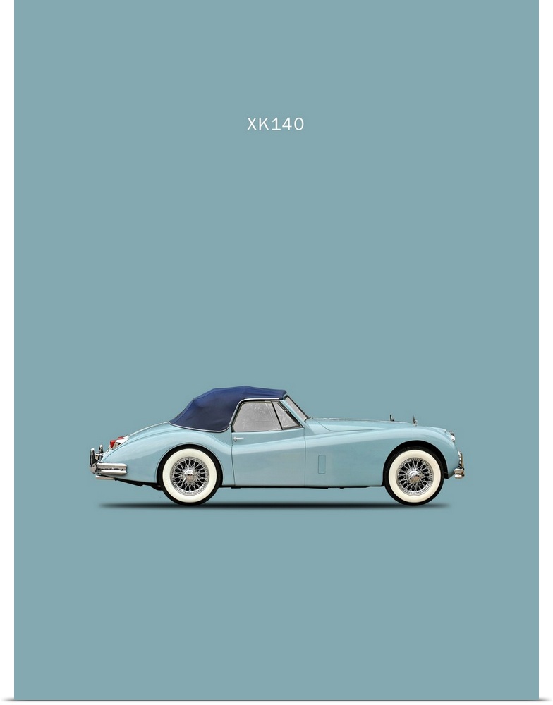 Photograph of a light blue Jaguar XK140 with a dark blue top printed on a light blue background