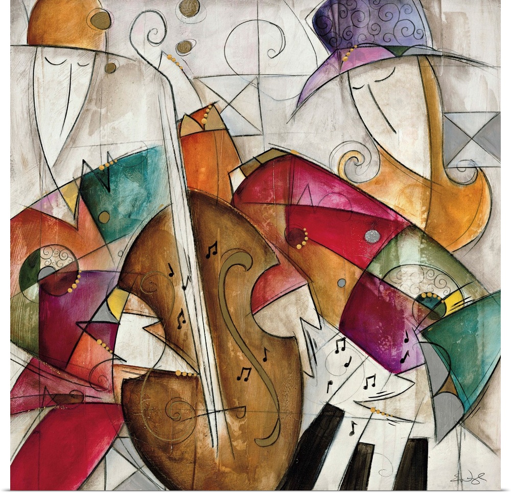 Jam Session II by Eric Waugh.  A square abstract painting of musicians playing instruments.