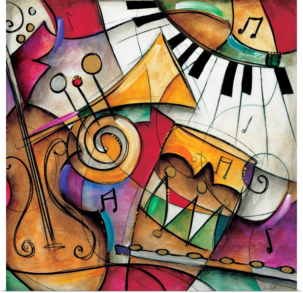 Jazz it Up I by Eric Waugh.  A square abstract painting of varies instruments played in jazz music.