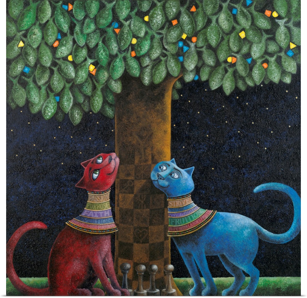Square illustration with two cats looking up a tree with a chess board marked trunk and chess pieces on the ground.