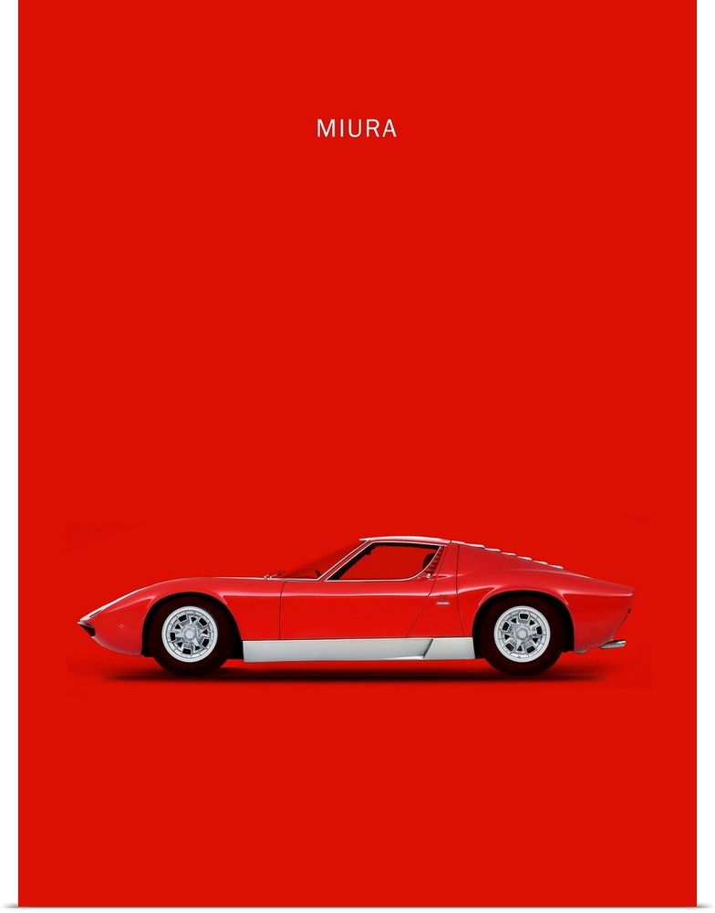 Photograph of a red and silver Lambo Miura 69 printed on a red background