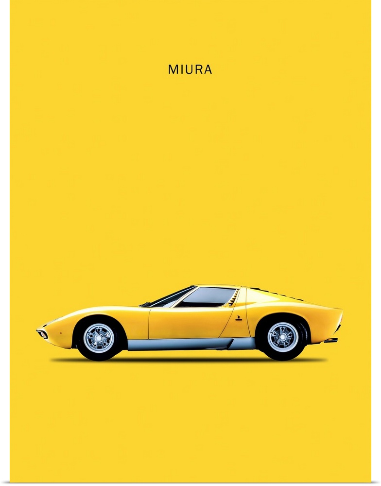 Photograph of a yellow Lambo Miura 72 printed on a yellow background