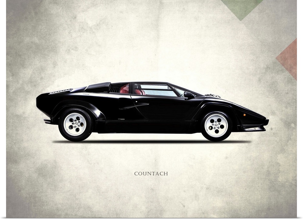 Photograph of a black Lamborghini Countach 5000 printed on a distressed white and gray background with part of the Italian...