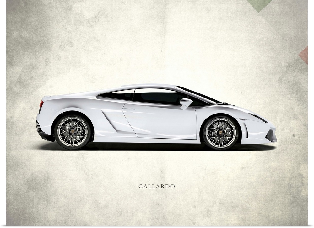 Photograph of a white Lamborghini Gallardo printed on a distressed white and gray background with part of the Italian flag...