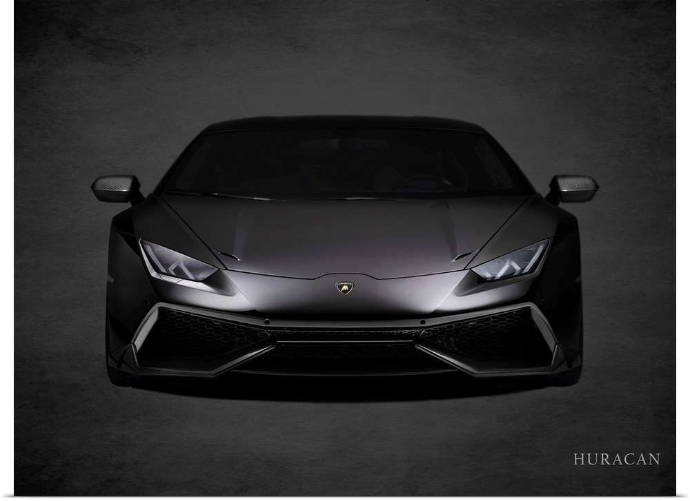 Photograph of a black Lamborghini Huracan printed on a black background with a dark vignette.