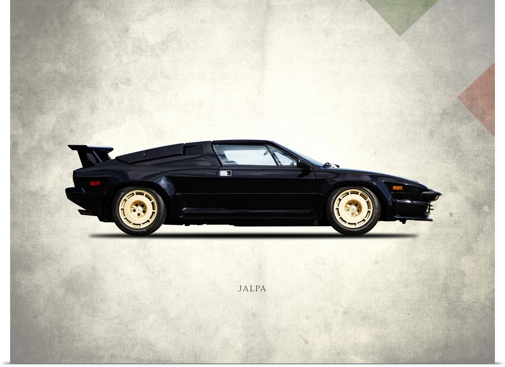 Photograph of a black Lamborghini Jalpa 1988 printed on a distressed white and gray background with part of the Italian fl...
