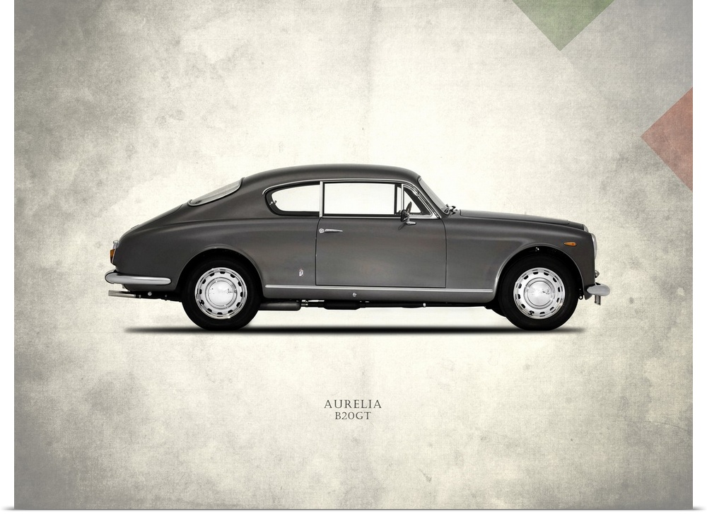 Photograph of a Lancia Aurelia printed on a distressed white and gray background with part of the Italian flag in the top ...