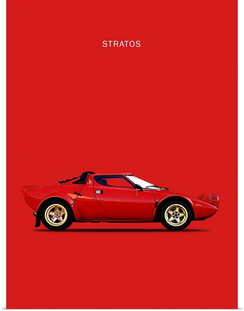 Photograph of a red Lancia Stratos 1974 printed on a red background