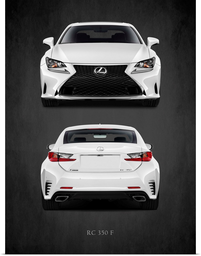 Photograph of the front and the back of a white Lexus RC 350 F printed on a black background with a dark vignette.