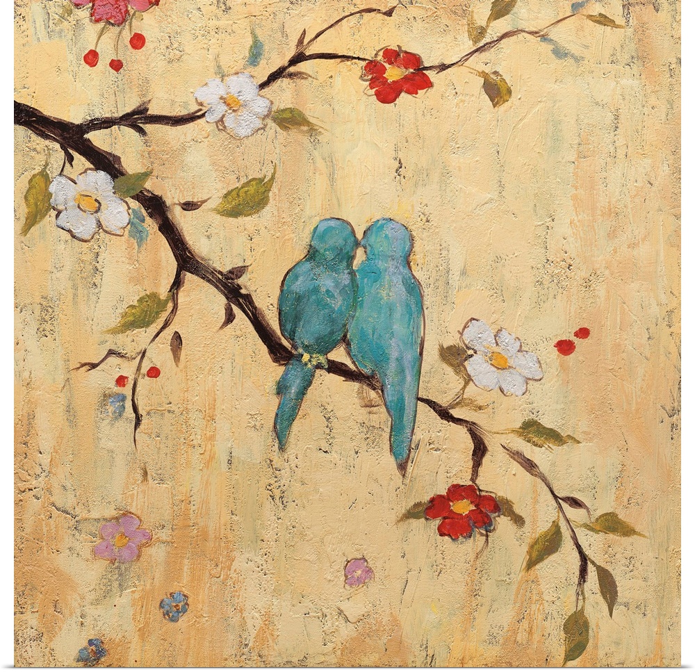 Contemporary square painting of two blue birds sitting on a tree branch with berries, leaves, and flowers on an yellow-ora...