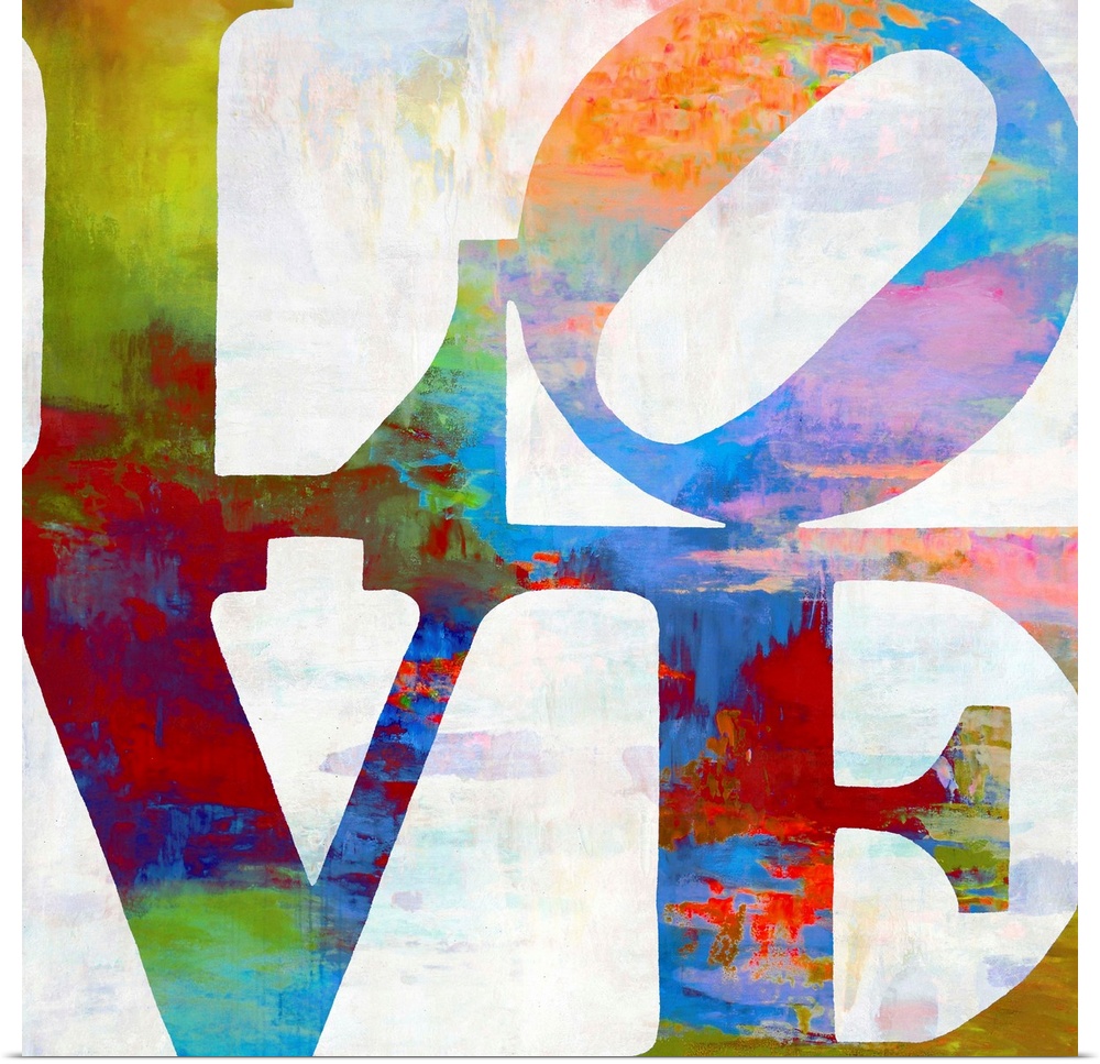 "LOVE" written out in two lines in vibrant colors.