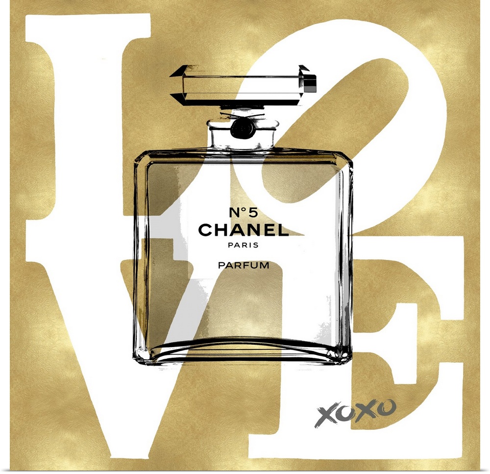 A transparent bottle of perfume sits over a background with the word: Love.