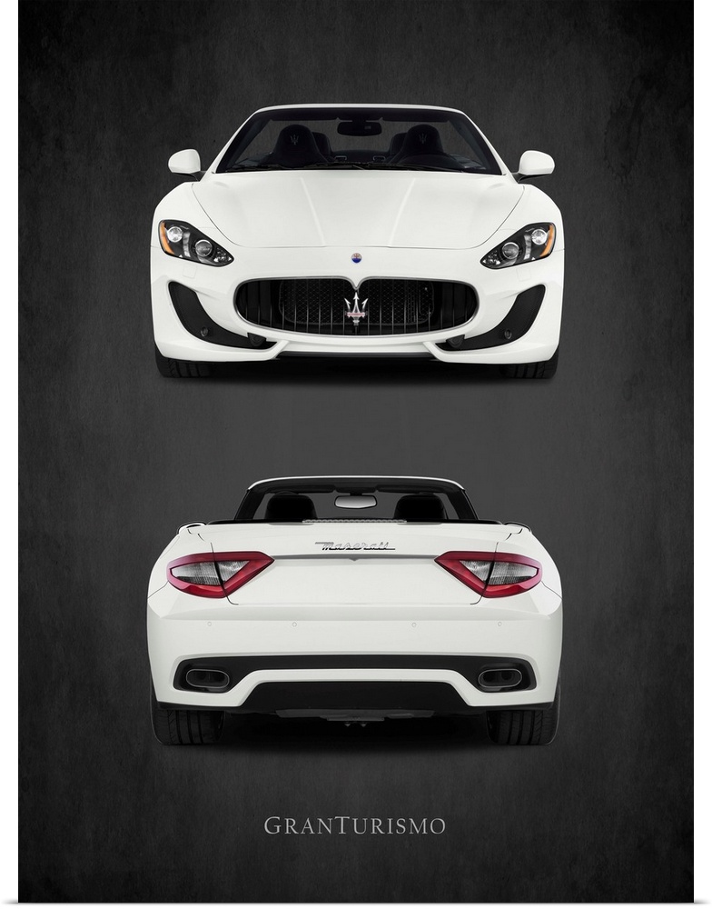 Photograph of the front and back of a white Maserati GranTurismo printed on a black background with a dark vignette.