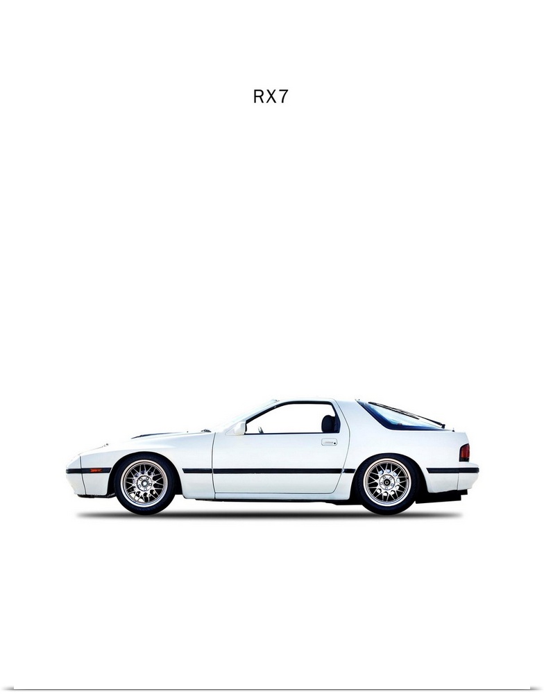 Photograph of a white Mazda RX7 1988 printed on a white background