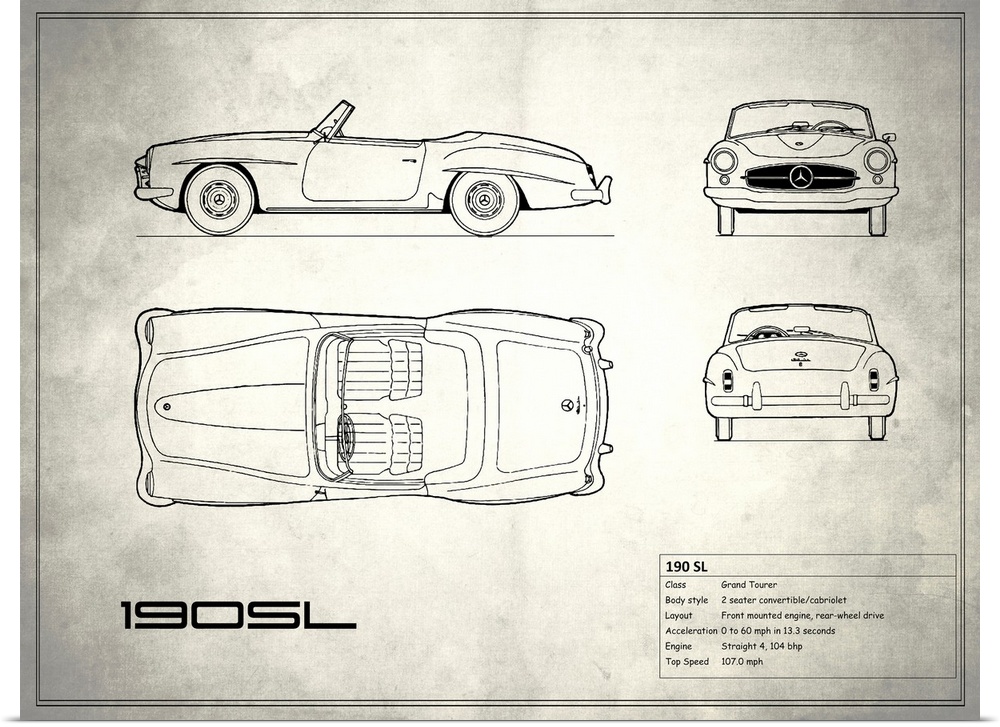Antique style blueprint diagram of a Mercedes 190 SL printed on a weathered white and gray background.