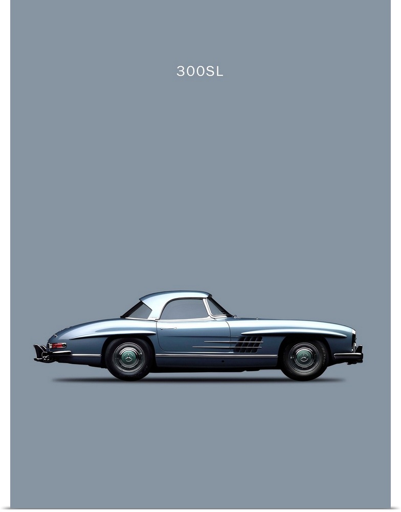 Photograph of a gray Mercedes 300SL 1960 printed on a gray background