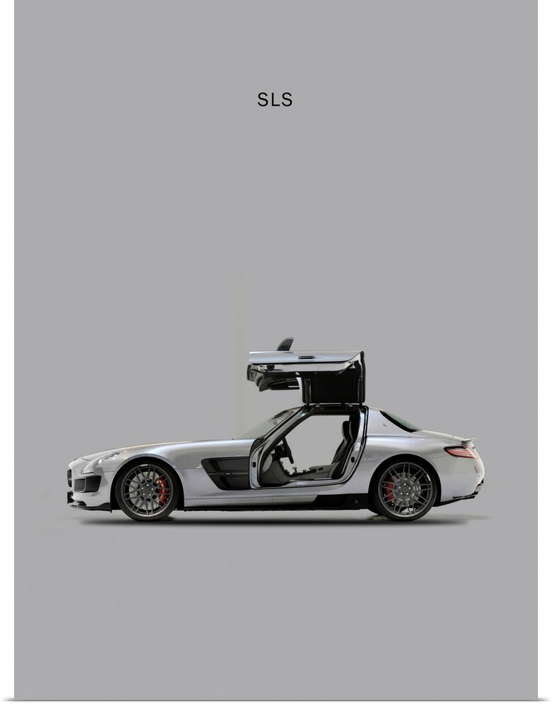 Photograph of a grey Mercedes SLS printed on a grey background