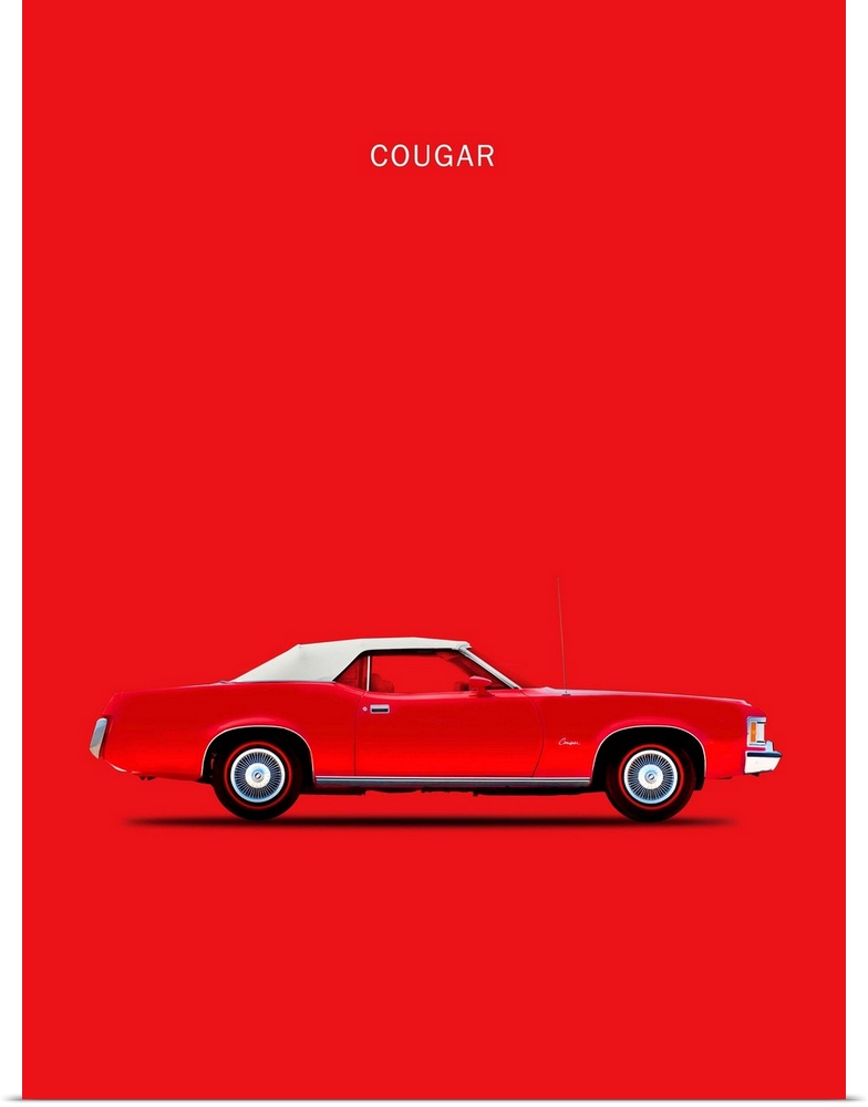 Photograph of a red Mercury Cougar 1973 with a white hood printed on a red background