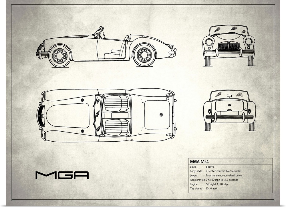 Antique style blueprint diagram of a MG MGA printed on a weathered white and gray background.