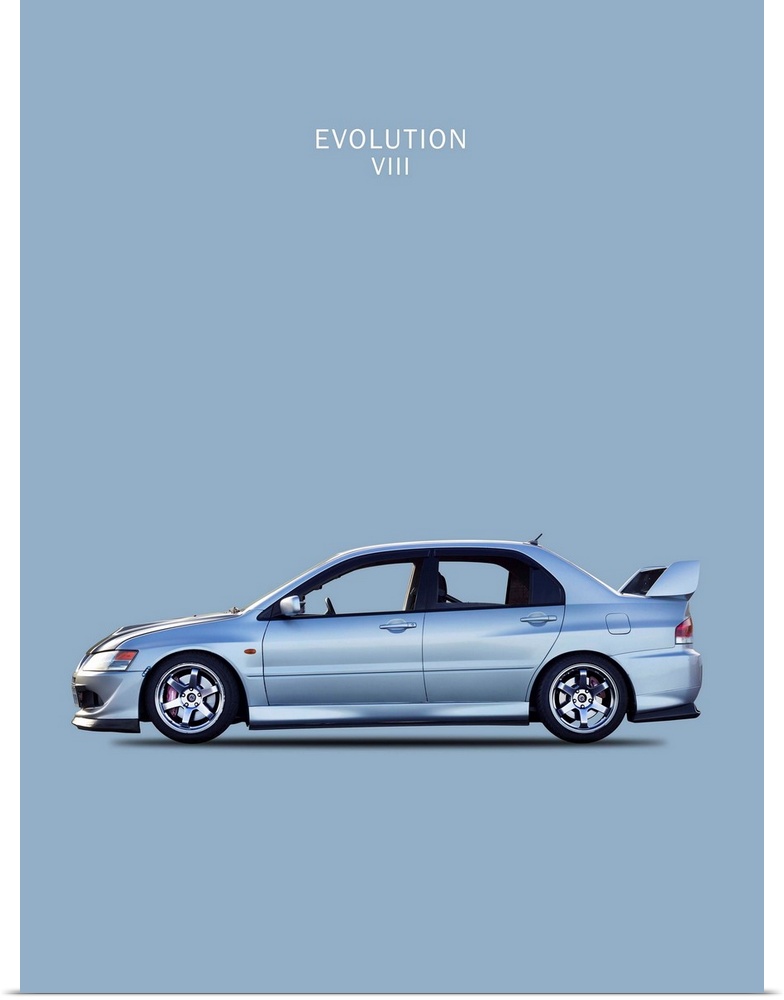 Photograph of a silver Mitsubishi Lancer Evo. VIII printed on a gray-blue background