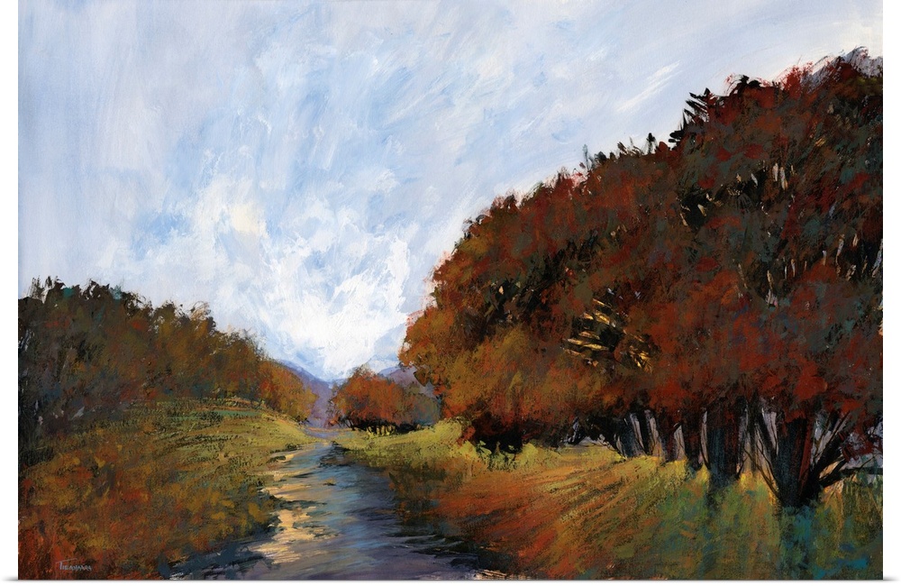 Contemporary painting of a semi-abstract landscape created in Autumn colors.