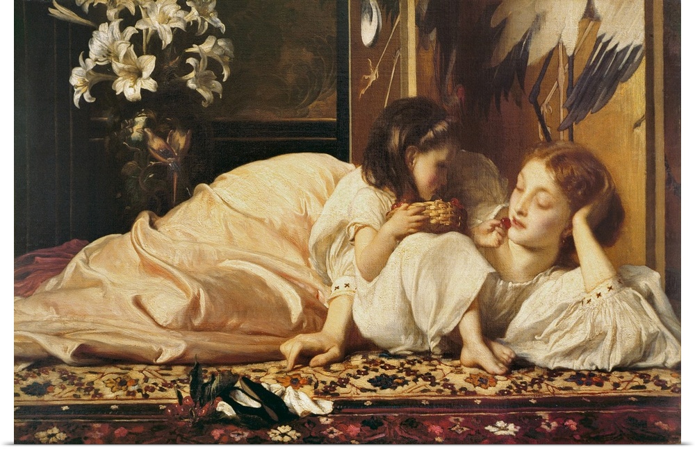 Classic painting of mother with child relaxing on a rug.