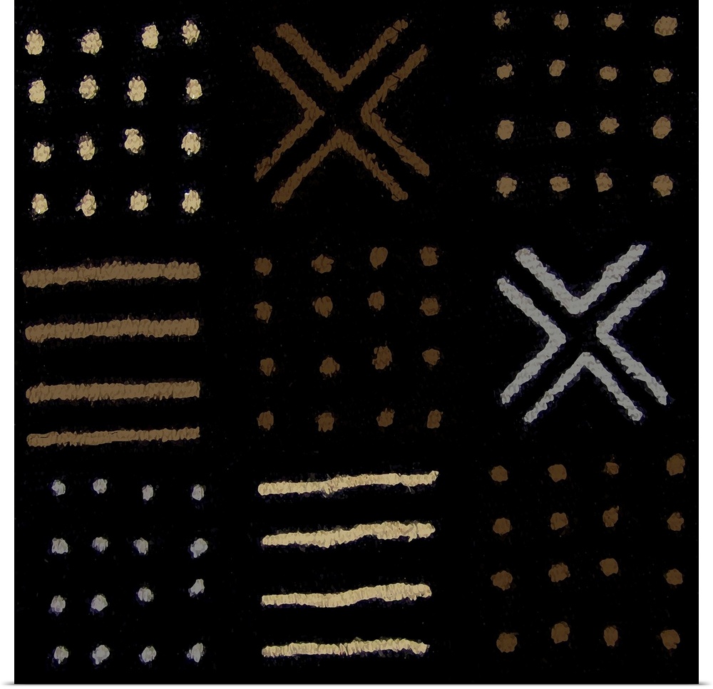 Square abstract art created with patterned lines and dots in brown, tan, and gray on a black background.