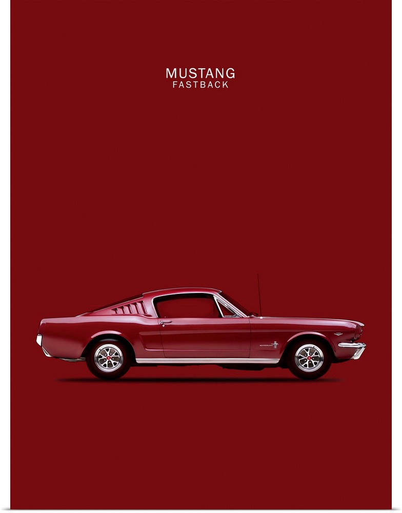 Photograph of a maroon Mustang Fastback 65 printed on a maroon background