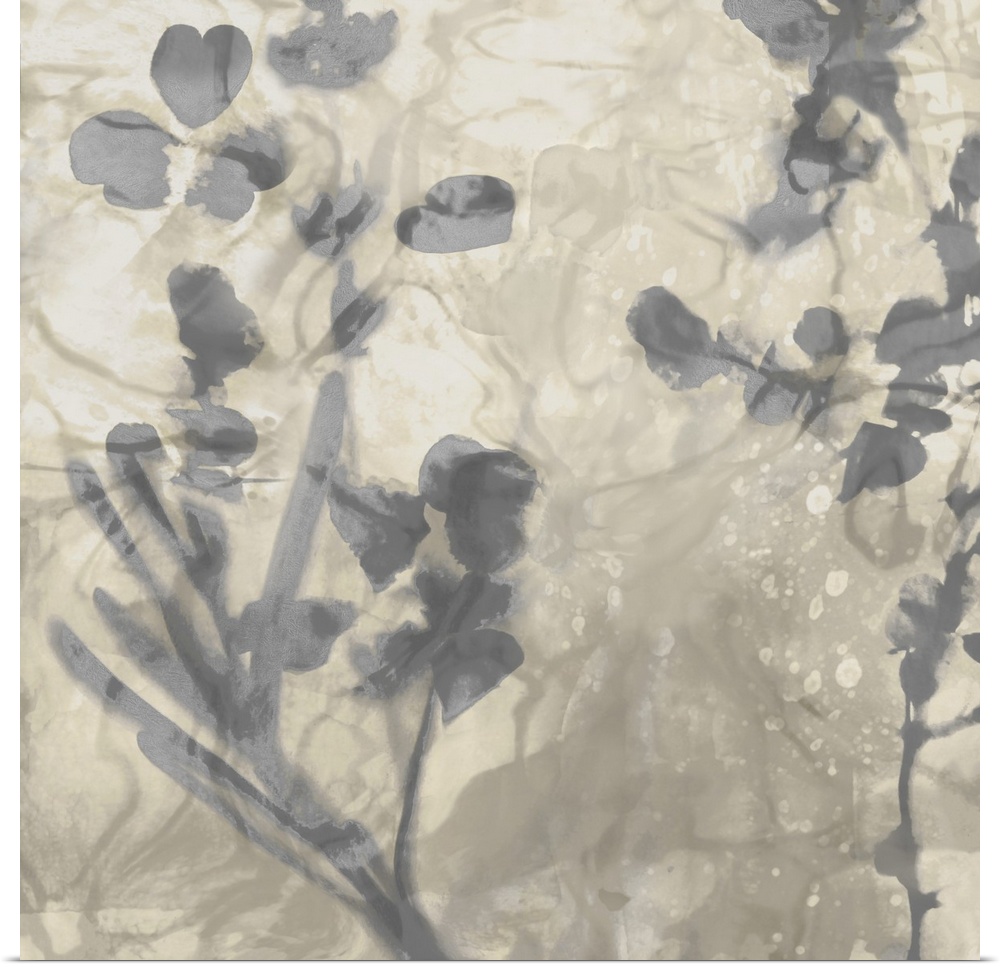 Contemporary artwork featuring soft gray petals over a mottled background in shades of beige.