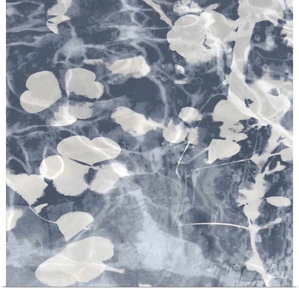 Contemporary artwork featuring soft white petals over a mottled background in shades of gray.