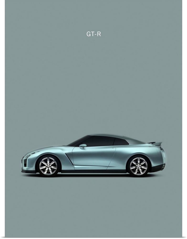 Photograph of a Nissan GT-R printed on a gray background