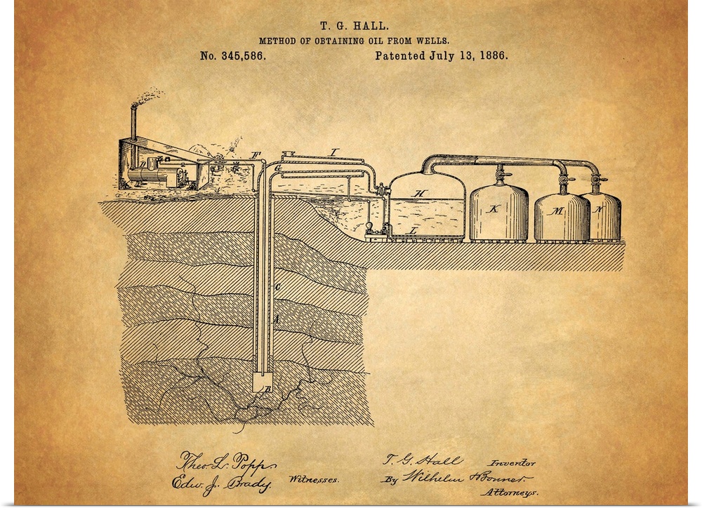 Antique blueprint of oil wells, patented July 13, 1886.