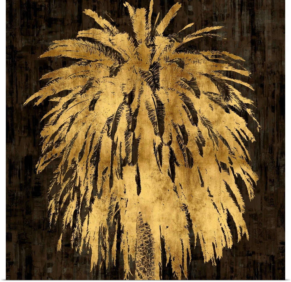 Gold palm tree on a black and brown textured background.