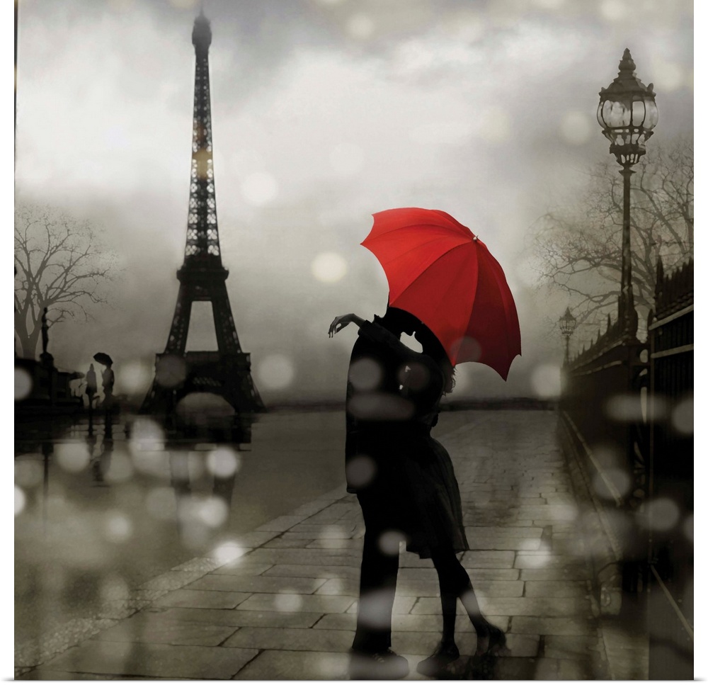 Square illustration of a couple kissing under a red umbrella with the Eiffel Tower in the background and bokeh lights in t...