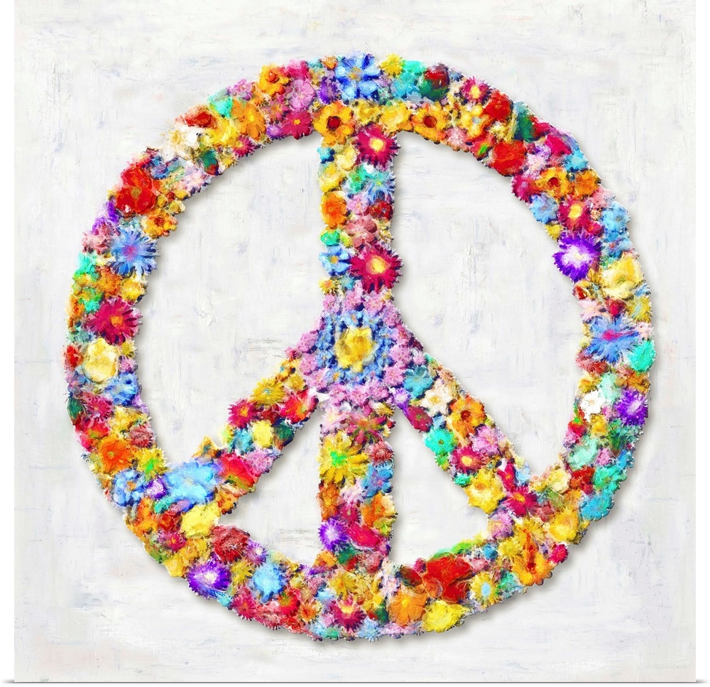The peace sign is shaped by an assortment of colorful flowers.