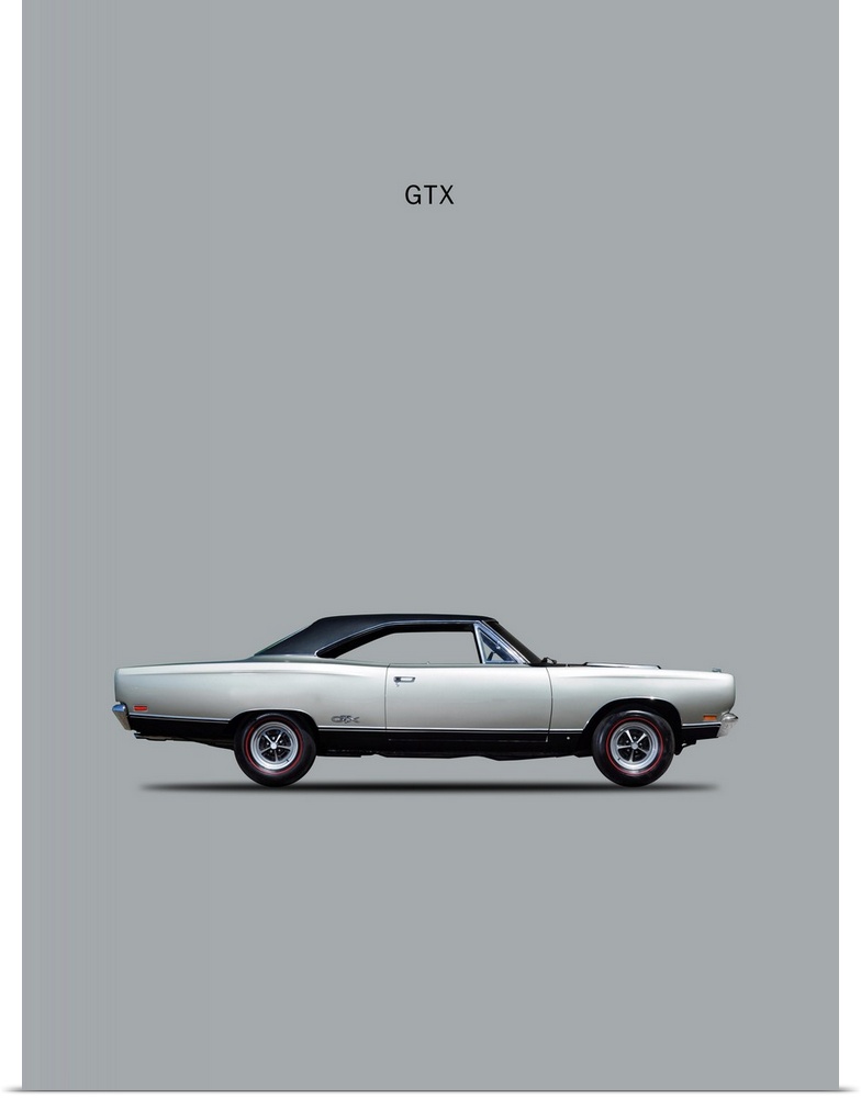 Photograph of a silver Plymouth GTX Coupe 1969 printed on a silver background