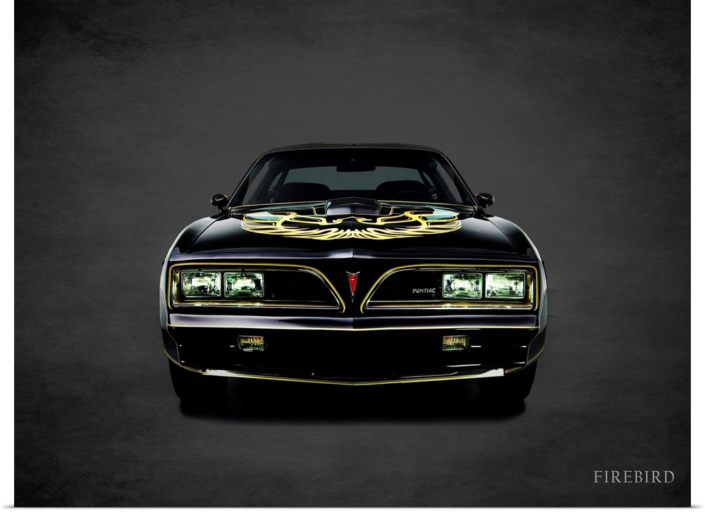 Photograph of a black with yellow trim 1978 Pontiac FireBird TransAm printed on a black background with a dark vignette.