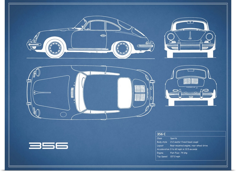 Antique style blueprint diagram of a Porsche 356C printed on a Blue background